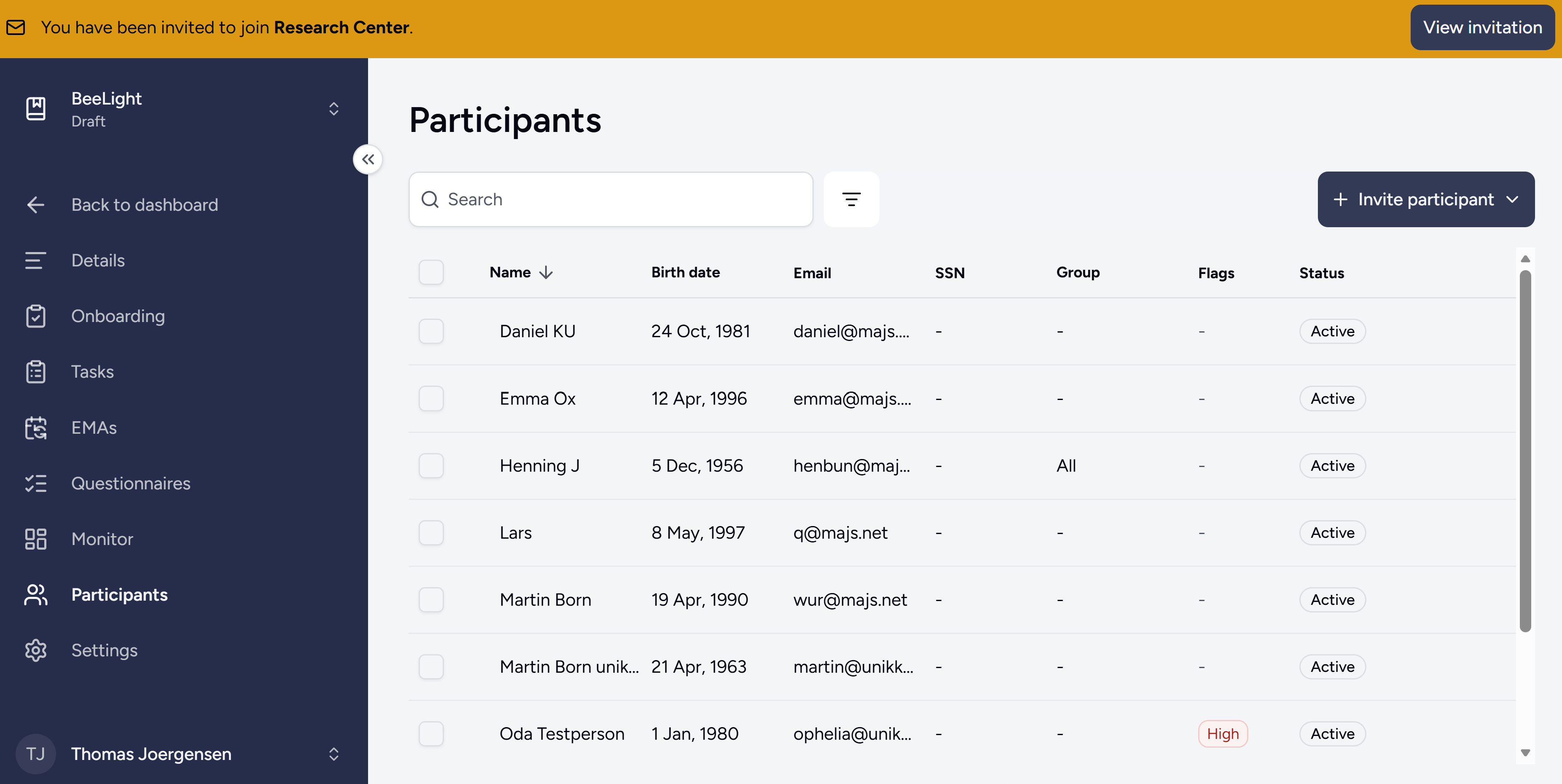 DataMentor staff dashboard listing study participants with status and group columns